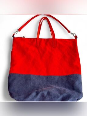 GAP Red & Navy Colorblock Canvas Tote Bag Leather Strap Large Zip Tote